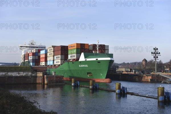 Container ship ELBINSEL leaves Kiel-Holtenau lock and sails to Kiel Fjord, Schleswig-Holstein,
