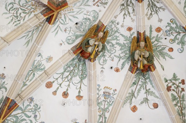 Trombone angel, vaulted ceiling with plant frescoes, choir room, Blaubeuren Abbey, Swabian Jura,