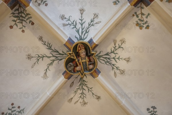 Bishop, flower frescoes, cross-ribbed vault, Blaubeuren Abbey, Swabian Jura, Baden-Württemberg,