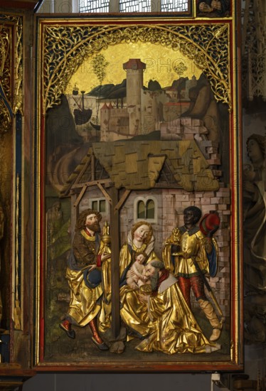 Birth of Jesus and the Adoration of the Three Wise Men from the East against a painted background
