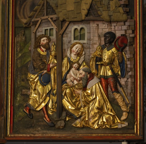 Birth of Jesus and the Adoration of the Three Wise Men from the East against a painted background