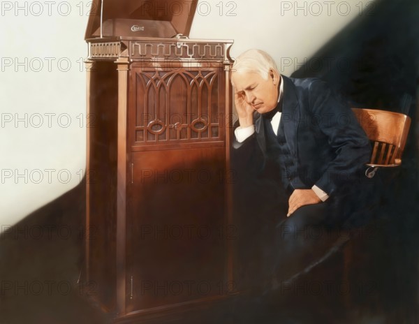 Thomas Alva Edison listening to his disc phonograph, digitally edited