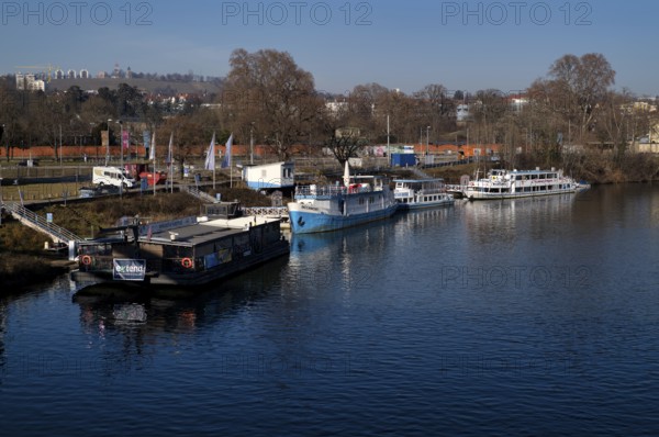 Boats, ships anchor at Wilhelma am Neckar pier, Neckar-Käptn, passenger shipping, Stuttgart,