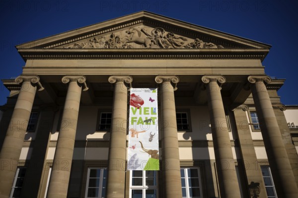 Entrance, tympanum, advertising poster, diversity, Natural History Museum Stuttgart, Rosenstein