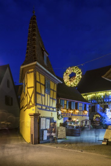 Houses illuminated and decorated for Christmas, Christmas market, blue hour, Eguisheim, Haut-Rhin