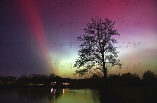 Northern lights, northern lights, on a lake in Schleswig-Holstein, Germany