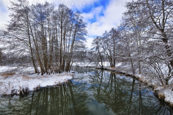 Wintery floodplain landscape along the Schmutter in the Augsburg Western Wälder nature park Park,