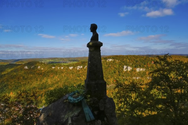 Wilhelm Hauff memorial, rocks above the Echaz Valley, monument from 1839, obelisk with bronze bust,