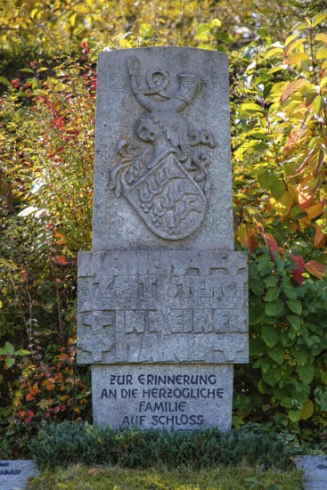 Memorial, memorial stone in memory of the ducal family at Lichtenstein Castle, coat of arms, stone