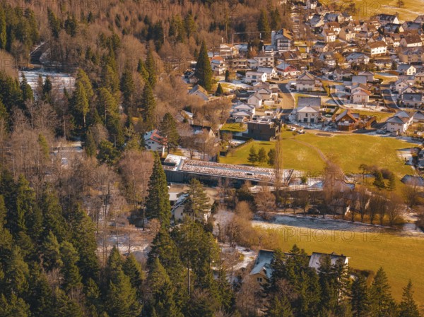 A bridge over a river surrounded by trees leads to a village in a snowy landscape, Hallwangen,