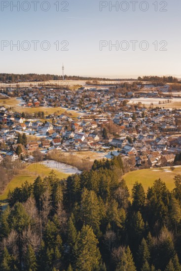 Snow-covered landscape with village and adjacent forest in a wintry atmosphere, Hallwangen,