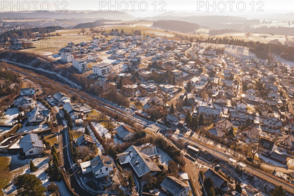 Snowy roofs of a village seen from above in a wintry landscape, Aach, Dornstetten, Freudenstadt