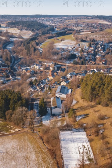 Winter scene with a village and adjacent fields in a wooded region, Aach, Dornstetten, Freudenstadt