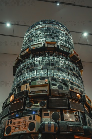 Tower-like installation of stacked radios in a brightly lit room, Tate Modern of Art, Lodon, United