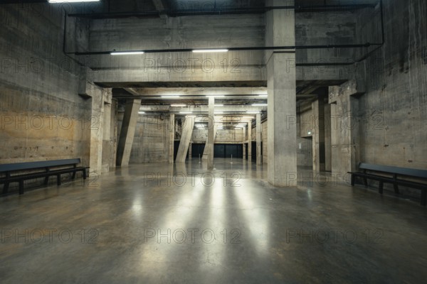 Empty industrial hall with concrete walls and light strips, Tate Modern of Art, Lodon, United