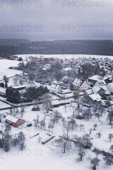 Snow-covered village surrounded by a winter landscape, icy atmosphere, Wiesenstetten, Freudenstadt