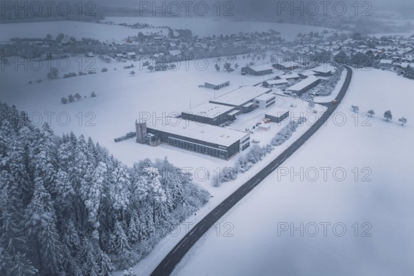 Snowy landscape with forest, surrounding villages and a factory in the foreground, Hörschweiler,
