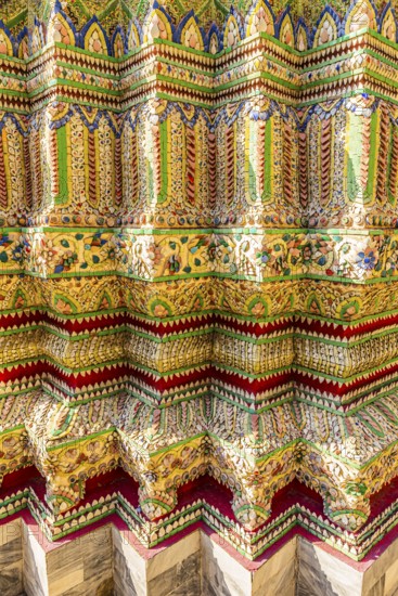 The Grand Royal Palace, Wat Phra Kaeo Buddhist Temple, columns with colorful ceramic inlays, Phra