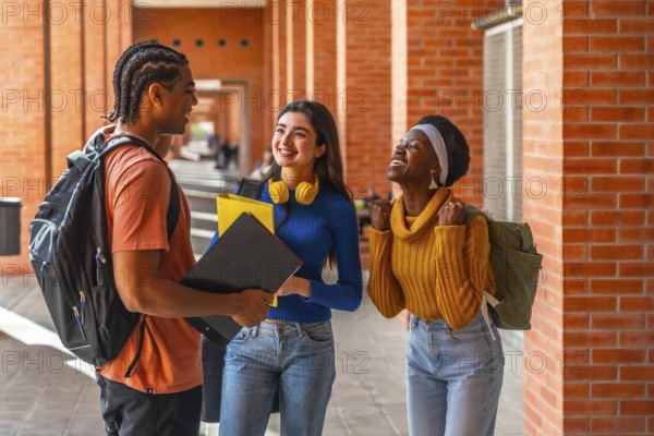 Group of happy young university students from different ethnicities communicating and celebrating