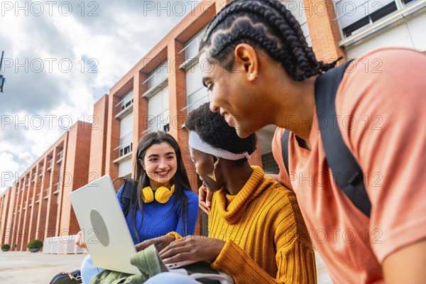 Three diverse students are working together on a laptop computer outside a university building,