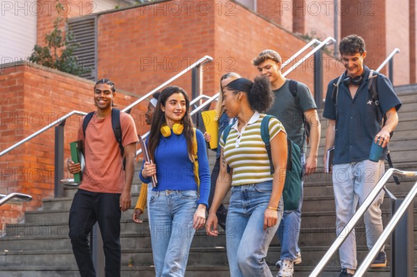 Diverse group of smiling university students walking down outdoor stairs on campus together,
