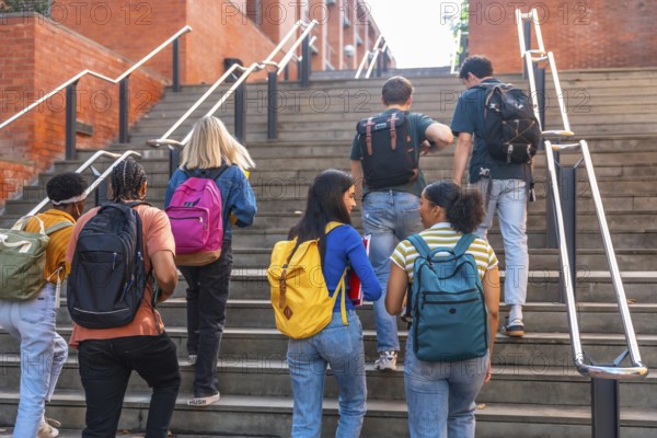 Group of young, multi ethnic university students with backpacks ascending outdoor stairs at a