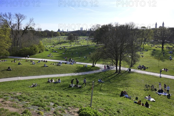 View of the southern English Garden from Monopteros, many people enjoying summer, Munich, Bavaria,