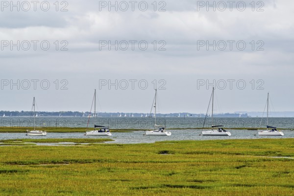 Boats over Hurst Point Lighthouse and Hurst Castle, Hurst Spit, Milford on Sea, Lymington,
