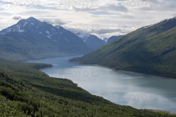 View of blue lake and mountains on Twin Peaks Trail, Eklutna Lake, Chugach Mountains, Chugach State