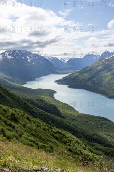 View of blue lake and mountains on Twin Peaks Trail, Eklutna Lake, Chugach Mountains, Chugach State