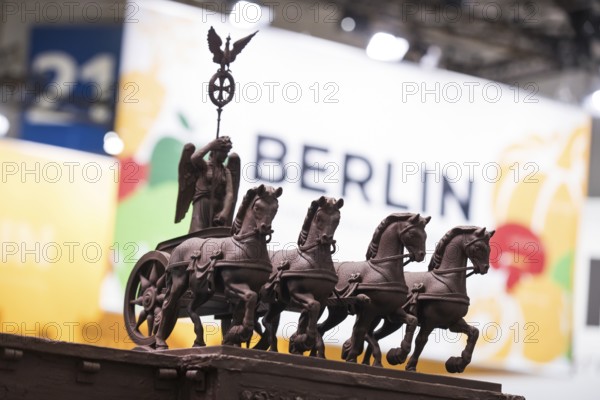 The chocolate quadriga as part of the entire Brandenburg Gate at the Berlin stand at the Green Week