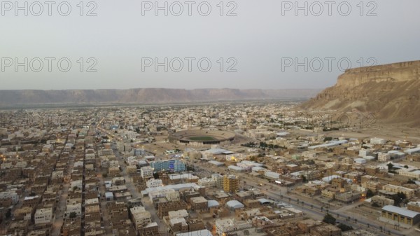 In Seiyun, Yemen on January 09, 2026, aerial drone footage shows the city of Seiyun in southern
