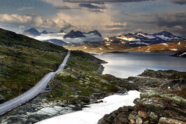 Panorama of majestic mountains and roads along the Sognefjell Pass, Sognefjell, Norway