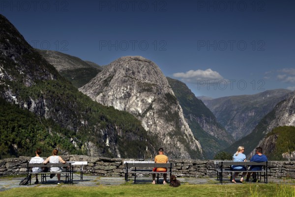 Majestic view from Stalheim Hotel into Nærøytal, surrounded by steep mountains, Nærøytal, Vestland,