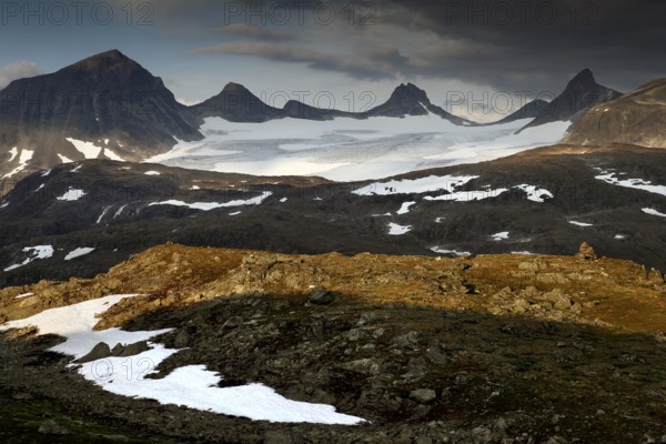 Majestic view of snow-capped Skagastølstindane mountains in Sognefjell, Sognefjell, Norway