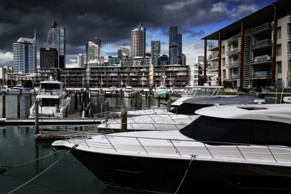 Harbour panorama with yachts and Auckland's distinctive skyline in the background, Auckland,