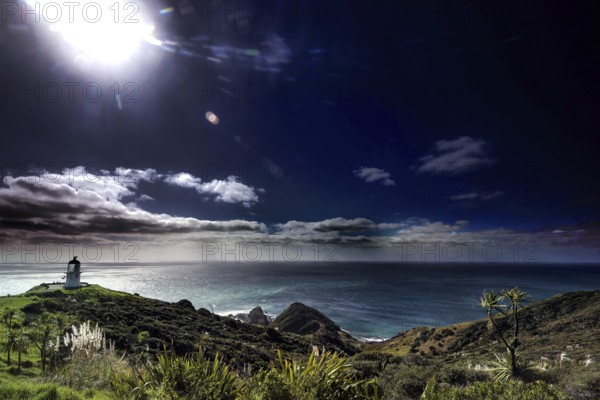 Landscape near Cape Reinga with lighthouse, bright sunlight and lush greenery, Cape Reinga,