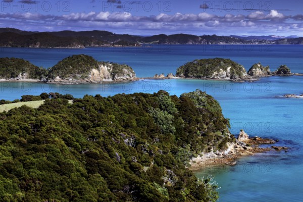 Lush vegetation and deep blue water characterize the landscape of Otehai Bay, Otehai Bay, Bay of