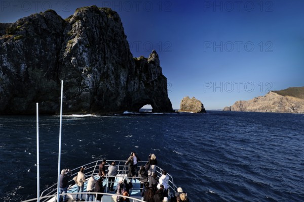 Boat trip to the Hole in the Rock rock formation in the Bay of Islands, Bay of Islands, Northland,