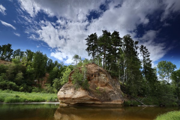 Impressive Zvartes rocks in the middle of Gauja National Park under blue skies, Gauja National