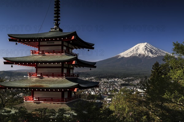 Chureito Pagoda with a view of Mount Fujiyama in soft morning light, Fujioshida, Japan