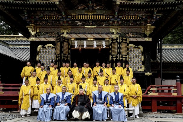 Group photo of Shinto priests in front of Toshogu shrine in Nikko wearing festive clothes, Nikko,
