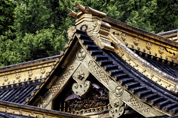Gilded and ornately decorated roof structures of the shrine complex in Nikko, Nikko, Japan