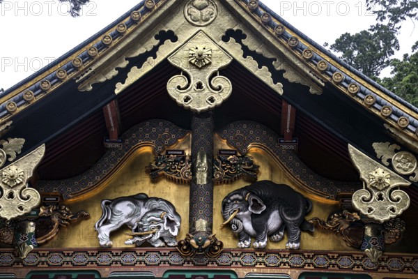 Detailed gilded wood reliefs at the shrine in Nikko, Nikko, Japan