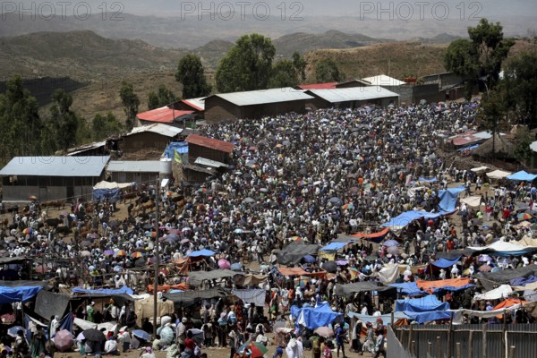Bustling market in Lalibela full of people and colorful stalls, Lalibela, Ethiopia