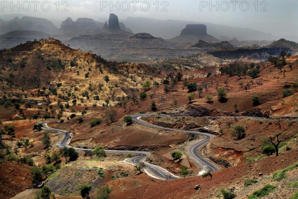 Breathtaking scenery of the Semien Mountains with winding roads and mountains, Semien Mountains,