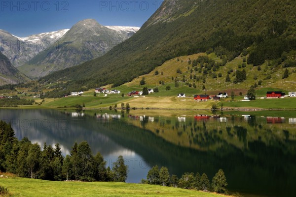 Tranquil landscape with reflecting mountain reflections in Fjærlandsfjord