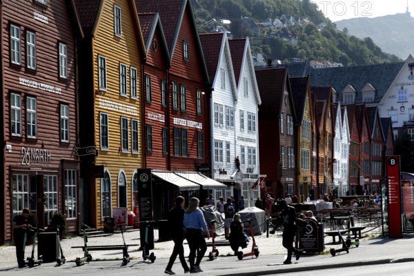 Historic wooden houses in Bergen Hanseatic Quarter in sunny weather, Bergen, Norway