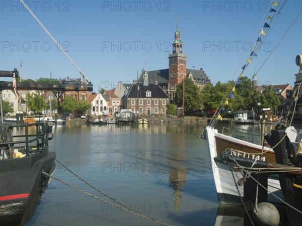 Harbour view, museum harbor, traditional ships, landmark, Alte Waage, town hall, Leer, East Frisia,