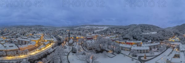 Aerial photos twilight winter Theaterpark Bahnhof and St. Mary's Church, Berndorf, Lower Austria,